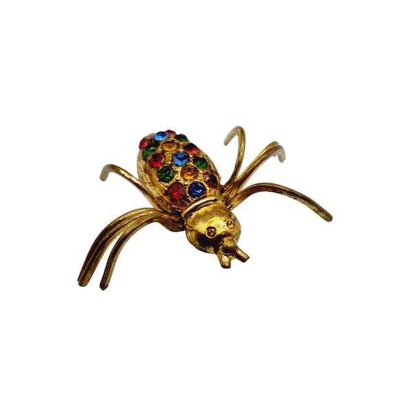 Vintage Spider Pin, Art Glass Body Brooch, 1950s Pink Rhinestones