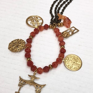 Carnelian Koi Fish Golden Charm Chain Tassel Stretch Bracelet