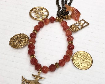 Carnelian Koi Fish Golden Charm Chain Tassel Stretch Bracelet