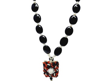 Vintage Signed Glass Pearl & Branch Coral Pendant Necklace (A854)