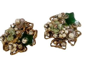 Signed Robert Wired Glass Crystal and Brass Clip Earrings (A4990)