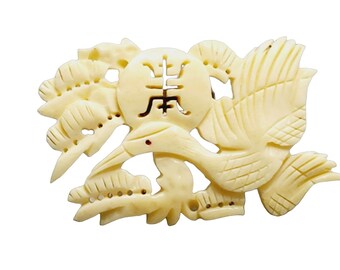 Vintage Signed Taiwan Celluloid? Carved Asian Bird Motif Brooch (A1167)
