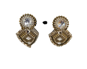 Vintage 80s Hansen Style Rhinestone Epoxy Clip Earrings (A9100)
