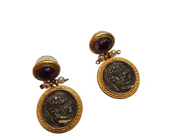 Vintage Jaded Signed Coin Pierced Earrings with Purple Stones (A9748)