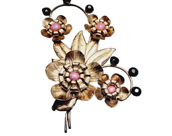 Huge Vintage Signed Pink Gold Wash Over Sterling Floral Brooch (A1506)