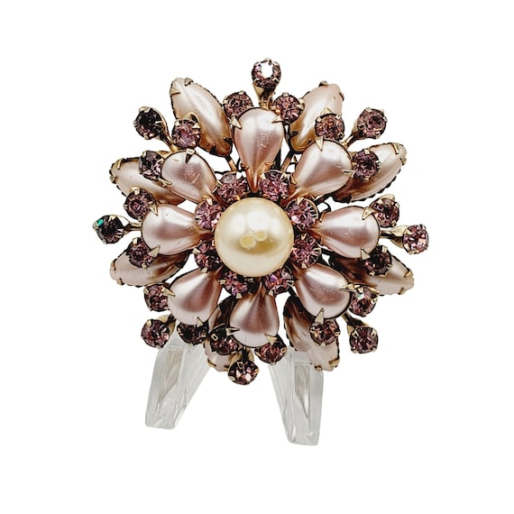 Signed Cathe Rhinestone & Faux Pearl Brooch (A260) - image 1