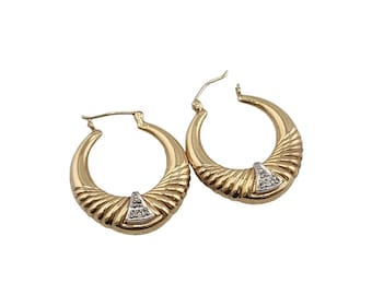 Vintage Diamond and 14kt Gold Textured Hoop Earrings (A6142)