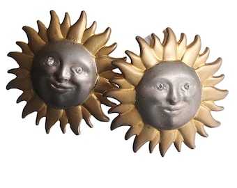 Vintage 80s Two Tone Sun Clip Earrings (A4130)