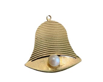 Vintage Ribbed 14kt Gold & Pearl Bell Charm (A1646)