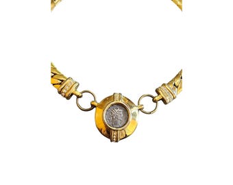 Vintage Heavy 80s Signed Coin Rhinestone Necklace (A2794)