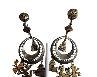 Vintage Screwback Asian Motif Hoop Dangle Earrings (A1598)