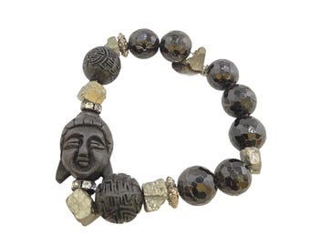 Vintage NOS Bee Charming Buddha Wood, Pyrite & Semi-Precious Beaded Bracelet