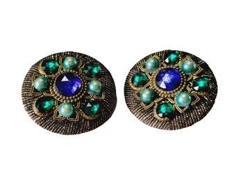 Vintage 80's Fabric Wrapped Jeweled Earrings (A387)