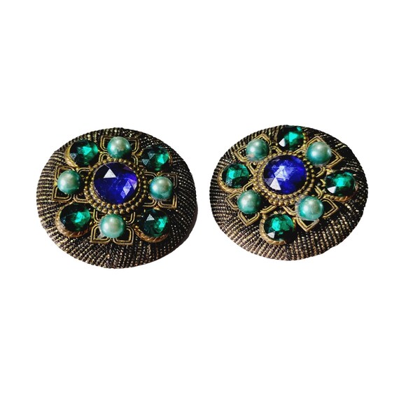 Boucles D'oreilles Vintage Années 80 - Velours Bleu Pétrole à Clip - Occasion