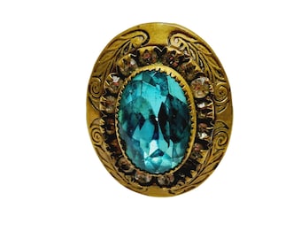 Antique Art Nouveau Faceted Glass Rhinestone Brass Decorative Ring (A845)