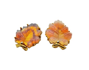 Vintage Signed Pat Pend Glass Leaf Earrings (A529)