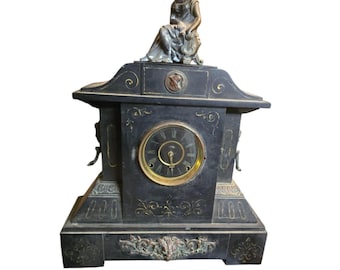 Antique Marble Ornate Mantle Clock With Lions And Lady Topper