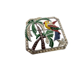 Antique Beautiful Art Deco Enamel Parrot Brooch with Paste Stones (A3394)