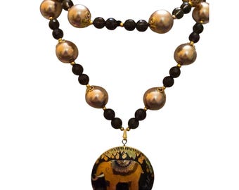 Vintage Crystal and Metal Beaded Necklace with Cloisonne Pendant (A8731)
