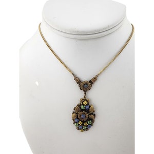 Antique Brass & Enamel Floral Pendant Necklace (A3248)