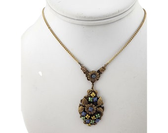 Antique Brass & Enamel Floral Pendant Necklace (A3248)