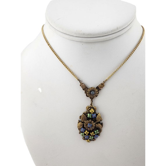 Antique Brass & Enamel Floral Pendant Necklace (A… - image 1