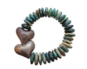 Sterling Heishi Style Turquoise and Heart Bracelet (A9336)
