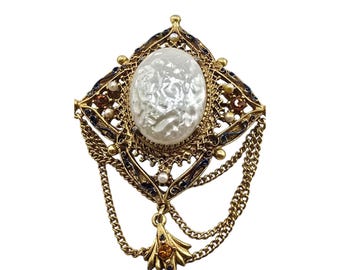 Vintage Florenza Faux Pearl and Rhinestone Brooch with Chain (A1985)