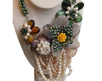 Vintage 90s Artisan Pearl Crystal And Semi Precious Stone Flower Dangle Necklace