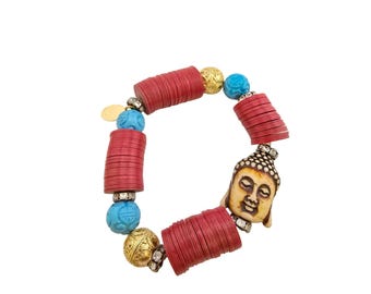 Vintage NOS Bee Charming Buddha Wood & Record Beaded Stretch Bracelet (A9224)