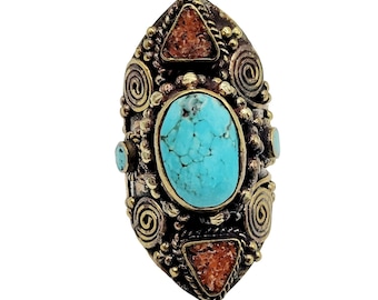 Vintage Huge Tibetian Handmade w/ Turquoise & Coral Brass Ring (A402)