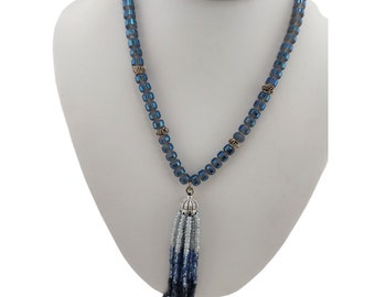 Vintage Blue Crystal Tassel Necklace (A3575)