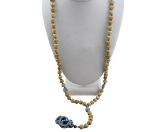 Vintage Signed NOS Bee Charming Porcelain Wood Dragon Buddha Lariat Necklace