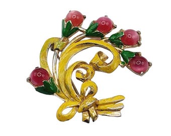 Vintage Signed Coro With Pat Number Acrylic Moon Glow & Enamel Brooch (A2567)