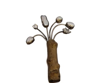 Vintage Unique Signed SCW Sterling Abalone Bamboo & Glass Figural Brooch (A3608)