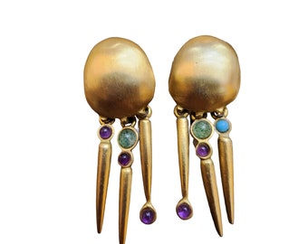 Vintage Signed Lazuli Gold Tone Pierced Earrings (A1834)