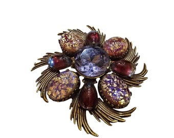 Exceptional Signed Florenza Purple Toned Dragon Breath And Bicolor Glass Brooch