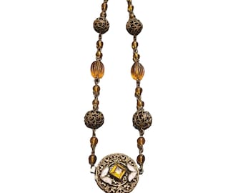 Vintage Unique Czech Glass & Melon Glass Necklace (A4423)