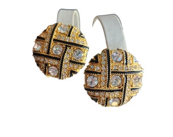 Vintage 80s Heavy Unsigned Enamel Rhinestone Designer Quality Earrings (A4259)