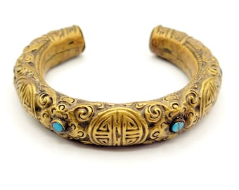 Wonderful Antique Chinese Export Brass and Turquoise Cuff Bracelet (A2606)
