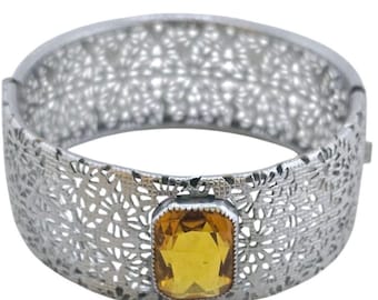 Stunning Edwardian Filigree Wide Bangle with Faceted Glass Bangle Bracelet A8568