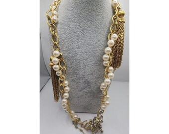 Vintage Faux Pearl Rhinestone & Tassel Chain Necklace (A5075)