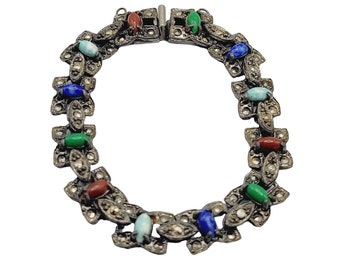Antique Art Deco Semi Precious Stone & Marcasite Bracelet (A363)