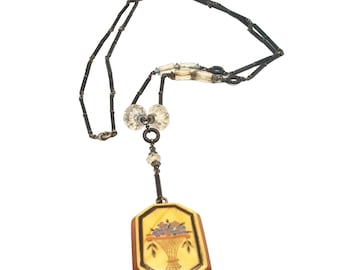 Spectacular Antique Art Deco Rare Celluloid Drop on Art Deco Glass Necklace A2357