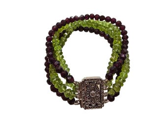 Stunning Sterling & 4-Strand Amethyst Peridot Bracelet Marcasite Push-in Clasp