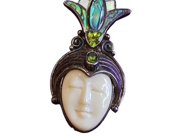 Vintage Sajen 925 Sterling Abalone Shell Crowned Goddess Pendant Brooch (A2118)