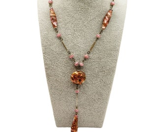 Antique Art Deco Czech Foil Glass Sautoir Necklace (A476)