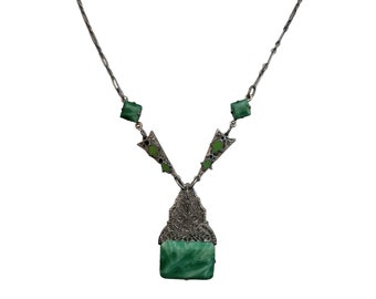 Antique Art Deco Enamel Filigree Glass Pendant Necklace (A4045)