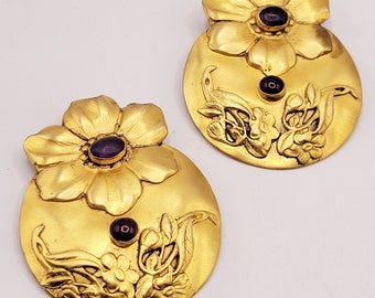 Signed Tulia Booth Floral Brass & Garnet Repousse Earrings