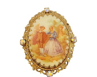 West Germany Fragonard Porcelain Rhinestone Brooch (A5704)